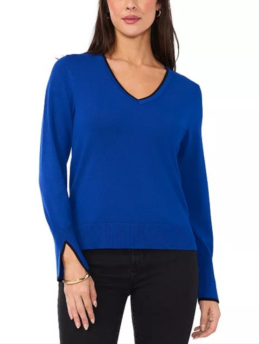 Sam and Jess XL Royal Blue V-Neck Sweater Black Trim Split Cuff